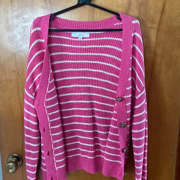 pink and white striped button up sweater - Picture 3 of 3